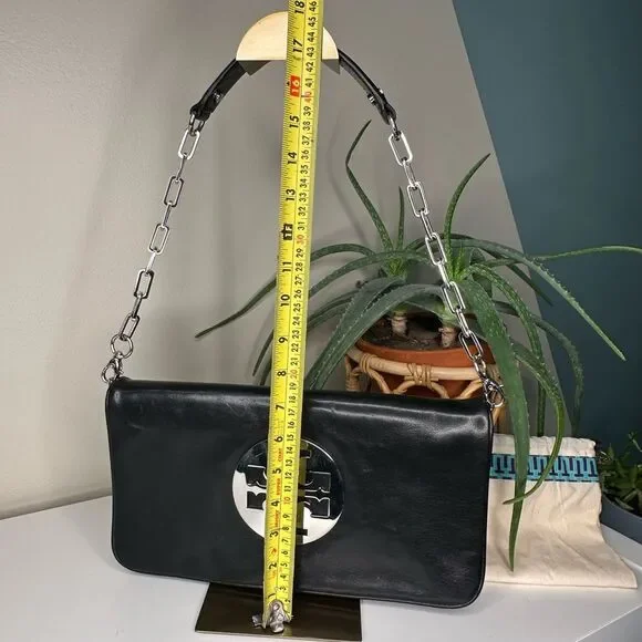 Tory Burch Black Leather Fold-Over Clutch | Removable Chain Strap | Silver Logo - Picture 10 of 12